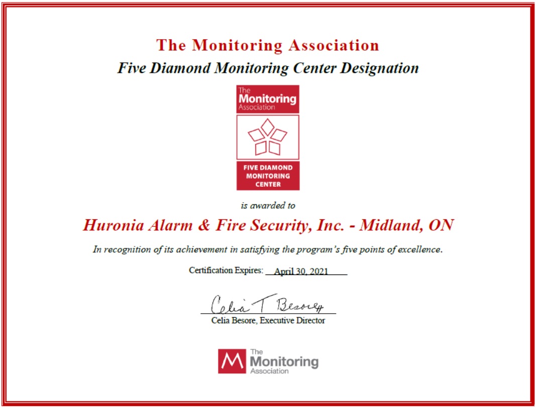 Huronia Alarm & Fire Security, Inc. - Midland, ON Renews TMA Five Diamond Monitoring Center Designation